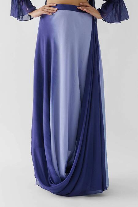Suruchi Parakh Blue Georgette Crepe, Lining Shantoon Round Ombre Cowl Draped Skirt Set at Aza Fashions Suruchi Parakh_Blue Georgette Crepe, Lining Shantoon Round Ombre Cowl Draped Skirt Set_at_Aza_Fashions
