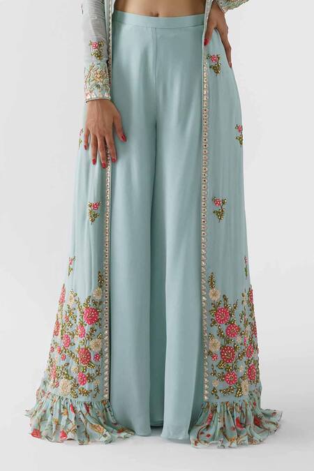 Suruchi Parakh_Blue Georgette, Lining Shantoon Mirror Work, Embroidered Pant Set And Jacket _at_Aza_Fashions