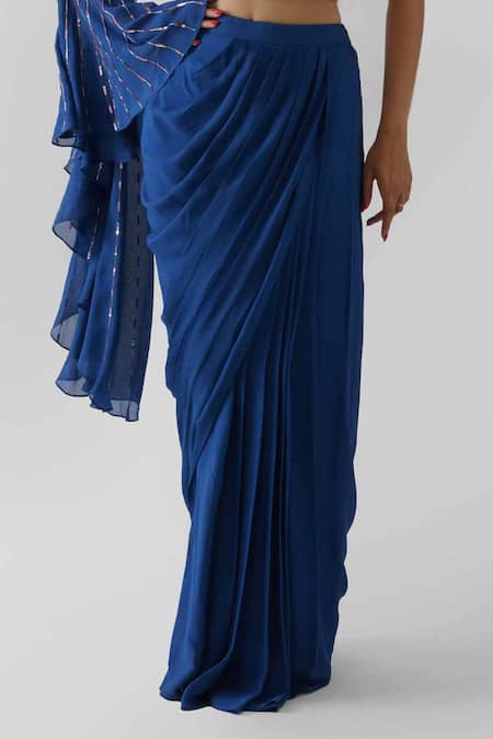 Shop_Suruchi Parakh_Blue Satin Silk, Georgette Crepe, Lining Shantoon Draped Skirt And Crop Top Set_Online_at_Aza_Fashions