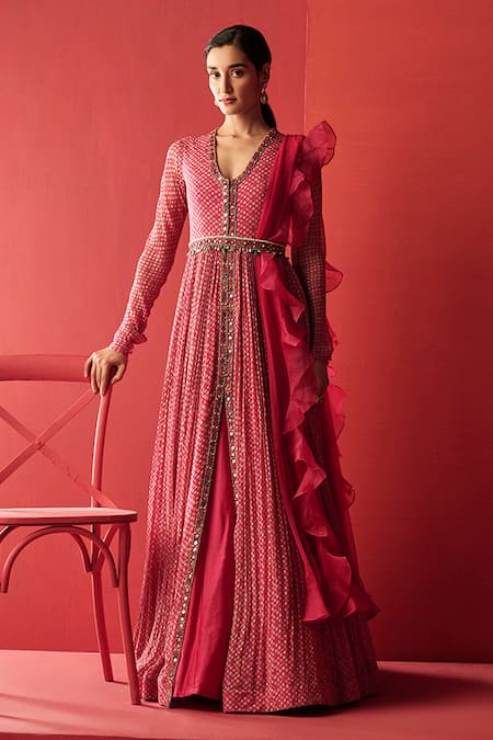 Ridhi Mehra Pink Organza Printed Anarkali With Dupatta  