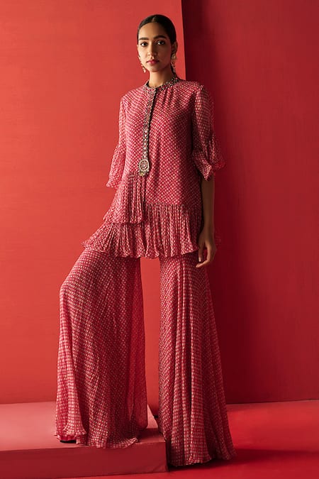 Shop Ridhi Mehra Pink Chiffon Printed Kurta And Sharara Set Online at Aza Fashions Shop_Ridhi Mehra_Pink Chiffon Printed Kurta And Sharara Set _Online_at_Aza_Fashions