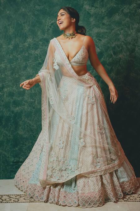 Sawan Gandhi_Multi Color Georgette Dupatta Net Mirror Kalidar Chikankari Bridal Lehenga Set _Online_at_Aza_Fashions