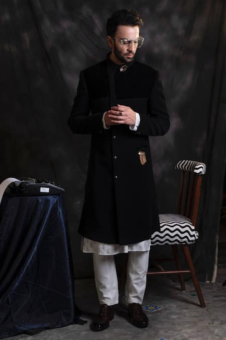 Soniya G_Black Italian Crepe Sherwani And Printed Kurta Set _Online_at_Aza_Fashions