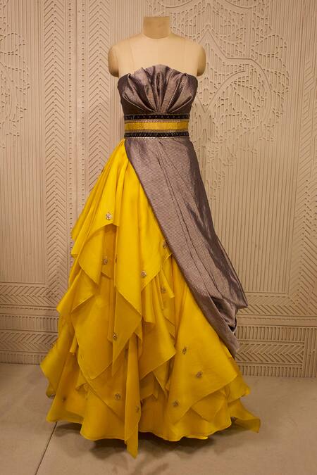 Shantnu Nikhil_Yellow Layered Organza Gown_Online_at_Aza_Fashions