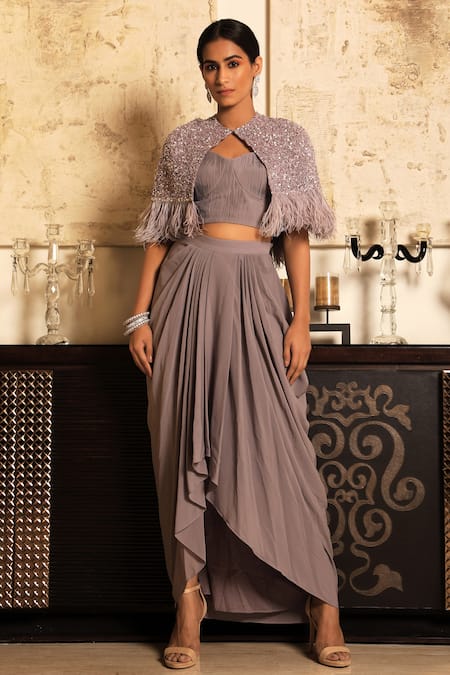COUTURE BY NIHARIKA_Purple Pure Satin Bustier Sweetheart Cape Round Embroidered Skirt Set With _Online_at_Aza_Fashions