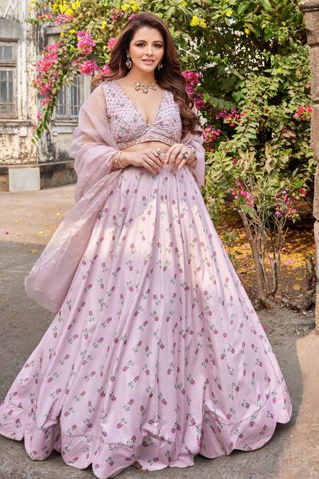 Shop_Pasha India_Pink Linen, Chiffon Sequins, Embroidery, Pearls V-neck Floral Print Lehenga Set _Online_at_Aza_Fashions