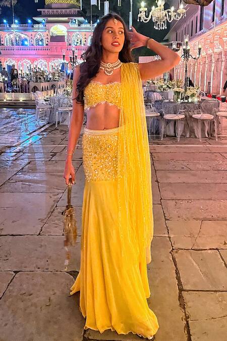 Maiti Shahani_Yellow Tulle, Viscose Georgette Sequins, Crystals, Glass Embroidered Lehenga Set _at_Aza_Fashions