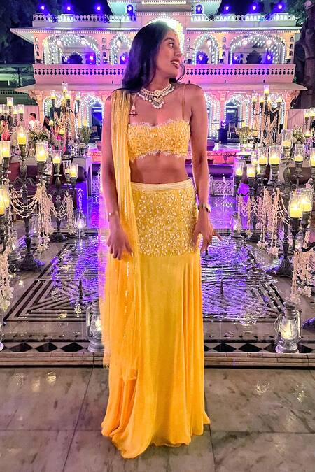 Shop_Maiti Shahani_Yellow Tulle, Viscose Georgette Sequins, Crystals, Glass Embroidered Lehenga Set _Online_at_Aza_Fashions
