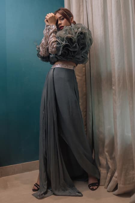 Shop_Masumi Mewawalla_Grey Organza, Crepe Draped Skirt And Ruffle Top _Online_at_Aza_Fashions