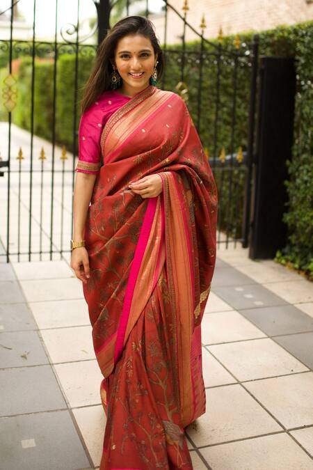 Paithani Silk Butta Maroon Saree With Triple Muniya Border | Kankatala