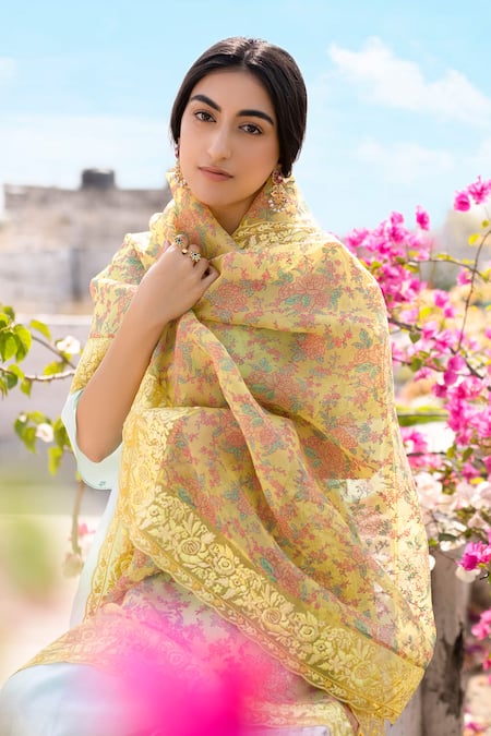 Chhaya Mehrotra_Blue Anarkali Handwoven Chanderi Pants Cotton Dupatta Silk Organza V Set _Online_at_Aza_Fashions