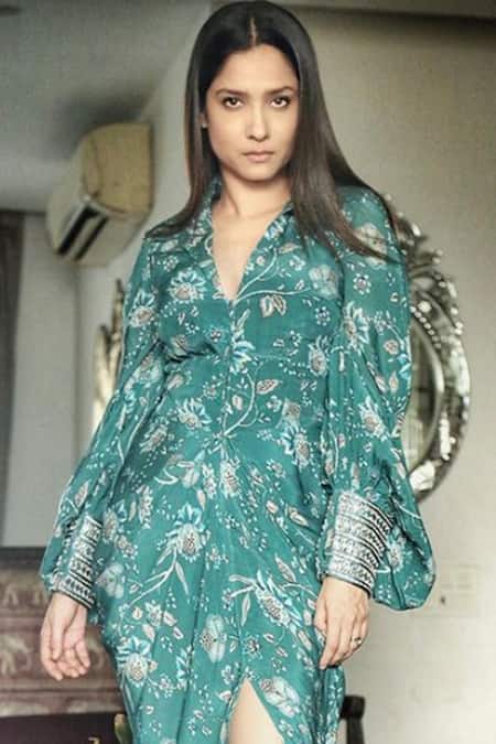 Shop Chhavvi Aggarwal Green Crepe Flat Collar Floral Print Draped Dress Online at Aza Fashions Shop_Chhavvi Aggarwal_Green Crepe Flat Collar Floral Print Draped Dress _Online_at_Aza_Fashions