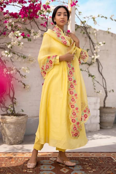 Shop Chhaya Mehrotra Yellow Anarkali Handwoven Chanderi Pants Cotton Dupatta Silk Organza Set at Aza Fashions Shop_Chhaya Mehrotra_Yellow Anarkali Handwoven Chanderi Pants Cotton Dupatta Silk Organza Set _at_Aza_Fashions