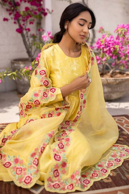 Chhaya Mehrotra Yellow Anarkali Handwoven Chanderi Pants Cotton Dupatta Silk Organza Set Online at Aza Fashions Chhaya Mehrotra_Yellow Anarkali Handwoven Chanderi Pants Cotton Dupatta Silk Organza Set _Online_at_Aza_Fashions