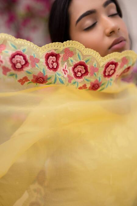 Shop Chhaya Mehrotra Yellow Anarkali Handwoven Chanderi Pants Cotton Dupatta Silk Organza Set Online at Aza Fashions Shop_Chhaya Mehrotra_Yellow Anarkali Handwoven Chanderi Pants Cotton Dupatta Silk Organza Set _Online_at_Aza_Fashions