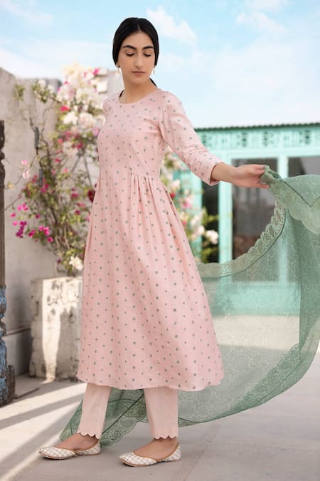 Shop Chhaya Mehrotra Peach Anarkali Handwoven Chanderi Pants Cotton Dupatta Silk Organza Set at Aza Fashions Shop_Chhaya Mehrotra_Peach Anarkali Handwoven Chanderi Pants Cotton Dupatta Silk Organza Set _at_Aza_Fashions