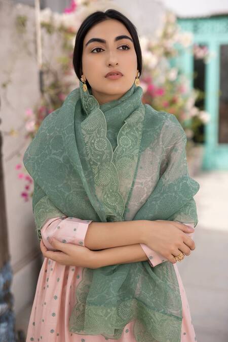 Chhaya Mehrotra Peach Anarkali Handwoven Chanderi Pants Cotton Dupatta Silk Organza Set Online at Aza Fashions Chhaya Mehrotra_Peach Anarkali Handwoven Chanderi Pants Cotton Dupatta Silk Organza Set _Online_at_Aza_Fashions