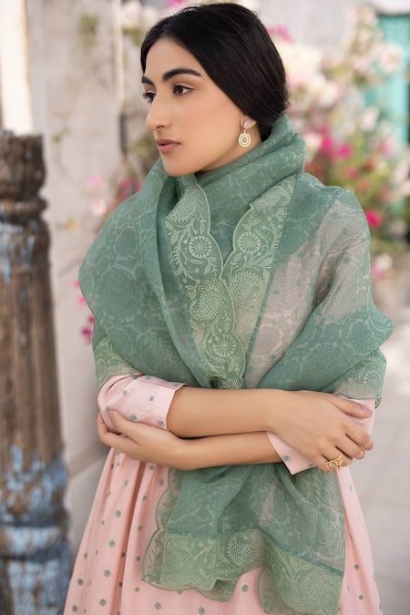 Shop Chhaya Mehrotra Peach Anarkali Handwoven Chanderi Pants Cotton Dupatta Silk Organza Set Online at Aza Fashions Shop_Chhaya Mehrotra_Peach Anarkali Handwoven Chanderi Pants Cotton Dupatta Silk Organza Set _Online_at_Aza_Fashions