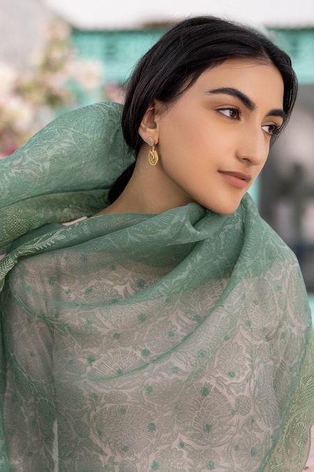 Chhaya Mehrotra Peach Anarkali Handwoven Chanderi Pants Cotton Dupatta Silk Organza Set at Aza Fashions Chhaya Mehrotra_Peach Anarkali Handwoven Chanderi Pants Cotton Dupatta Silk Organza Set _at_Aza_Fashions