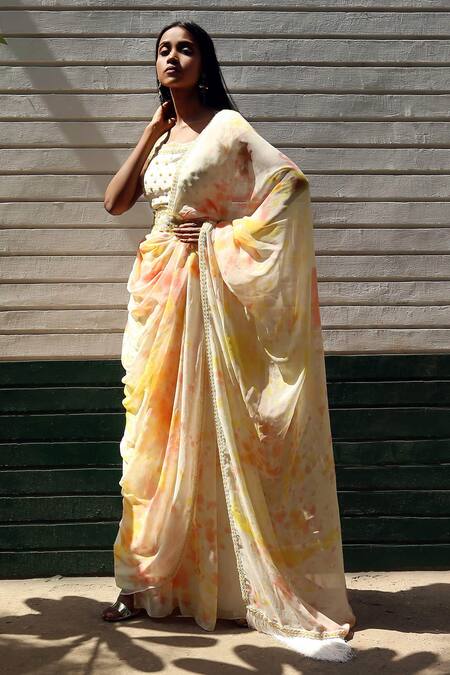 Buy Surbhi Gupta Yellow Georgette Tie-dye Pre-draped Saree With Blouse Online at Aza Fashions Buy_Surbhi Gupta_Yellow Georgette Tie-dye Pre-draped Saree With Blouse _Online_at_Aza_Fashions