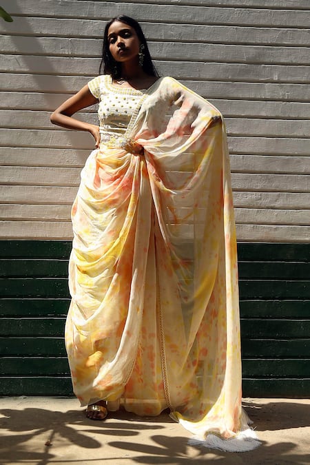 Surbhi Gupta Tie-Dye Pre-Draped Saree with Blouse 