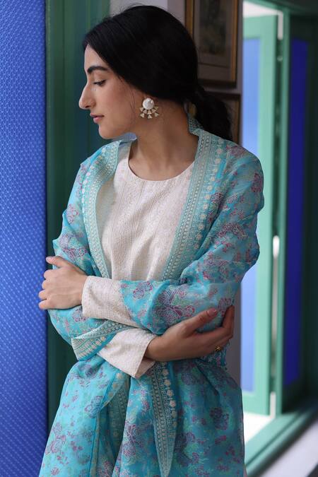 Chhaya Mehrotra White Kurta Handwoven Chanderi Pants Cotton Dupatta Silk Organza Round Set Online at Aza Fashions Chhaya Mehrotra_White Kurta Handwoven Chanderi Pants Cotton Dupatta Silk Organza Round Set _Online_at_Aza_Fashions