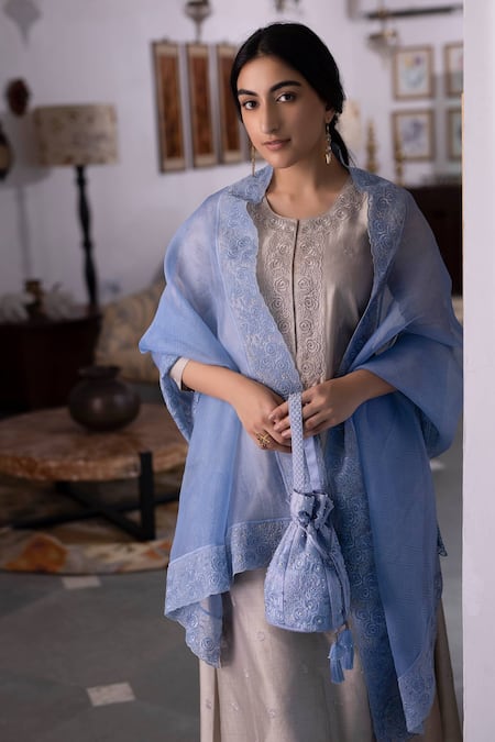 Shop Chhaya Mehrotra Blue Kurta Handwoven Chanderi Pants Cotton Dupatta Silk Organza Round Set at Aza Fashions Shop_Chhaya Mehrotra_Blue Kurta Handwoven Chanderi Pants Cotton Dupatta Silk Organza Round Set _at_Aza_Fashions