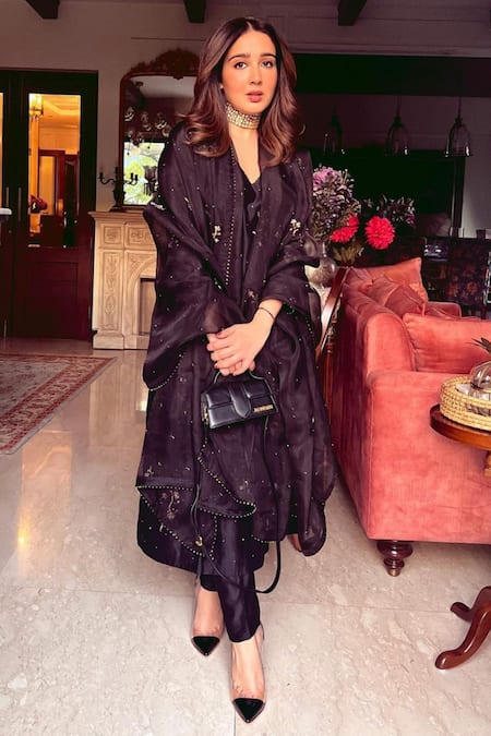Shikha Mehta Black Chanderi, Silk Organza V Neck Kurta Set