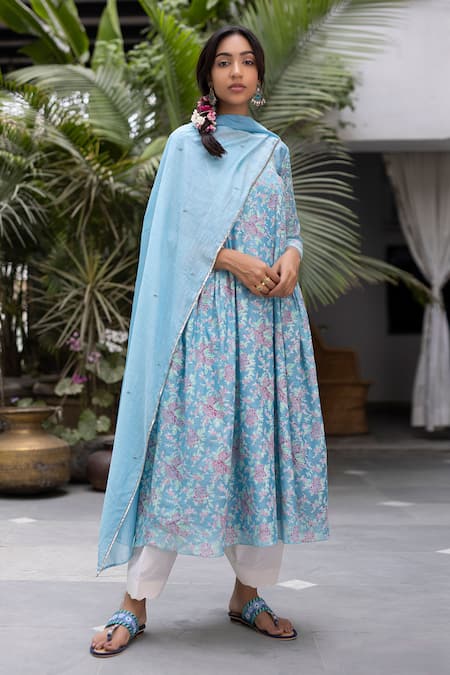 Shop Chhaya Mehrotra Blue Anarkali Handwoven Chanderi Salwar Cotton Round Set at Aza Fashions Shop_Chhaya Mehrotra_Blue Anarkali Handwoven Chanderi Salwar Cotton Round Set _at_Aza_Fashions