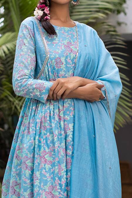 Chhaya Mehrotra Blue Anarkali Handwoven Chanderi Salwar Cotton Round Set Online at Aza Fashions Chhaya Mehrotra_Blue Anarkali Handwoven Chanderi Salwar Cotton Round Set _Online_at_Aza_Fashions