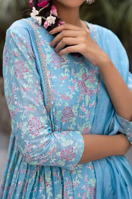 Shop Chhaya Mehrotra Blue Anarkali Handwoven Chanderi Salwar Cotton Round Set Online at Aza Fashions Shop_Chhaya Mehrotra_Blue Anarkali Handwoven Chanderi Salwar Cotton Round Set _Online_at_Aza_Fashions