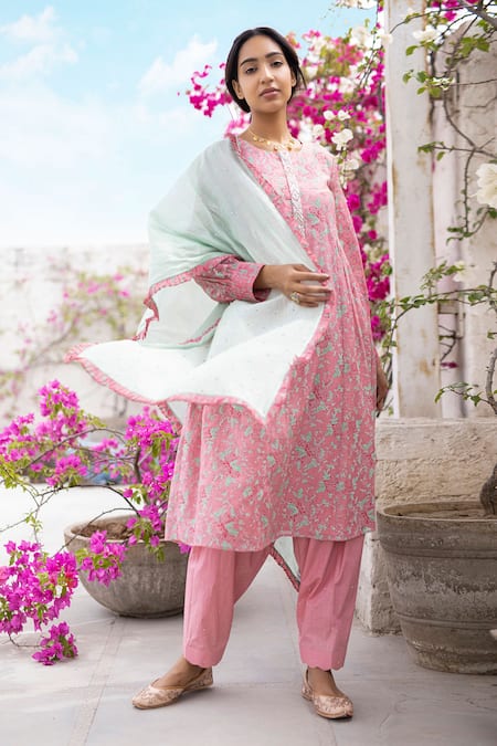 Shop Chhaya Mehrotra Pink Anarkali Handwoven Chanderi Salwar Cotton Round Set at Aza Fashions Shop_Chhaya Mehrotra_Pink Anarkali Handwoven Chanderi Salwar Cotton Round Set _at_Aza_Fashions