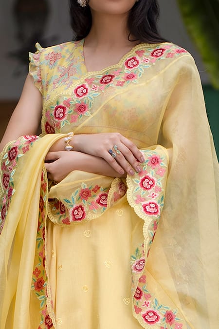 Chhaya Mehrotra_Yellow Lehenga Handwoven Chanderi Blouse And Dupatta Silk Organza V Neck Set _Online_at_Aza_Fashions