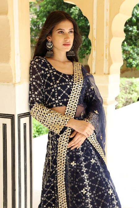 Navy Blue Linen Lehenga Set | ITRH – KYNAH