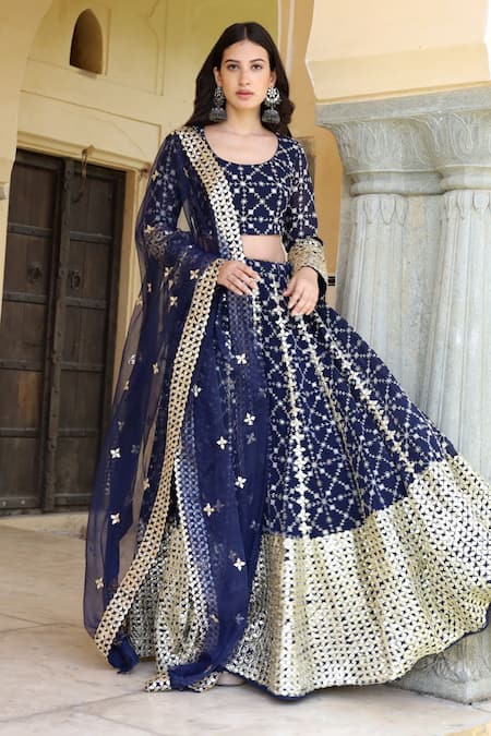 Buy_Gulabo Jaipur_Blue Organza, Georgette U Neck Embroidered Lehenga Set _Online_at_Aza_Fashions