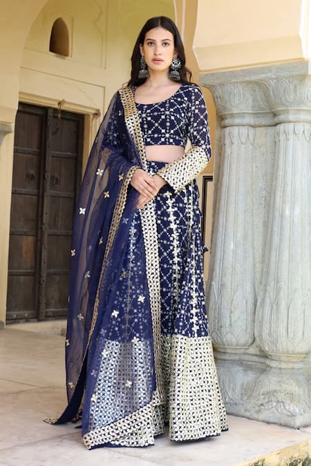 Gulabo Jaipur_Blue Organza, Georgette U Neck Embroidered Lehenga Set _Online_at_Aza_Fashions