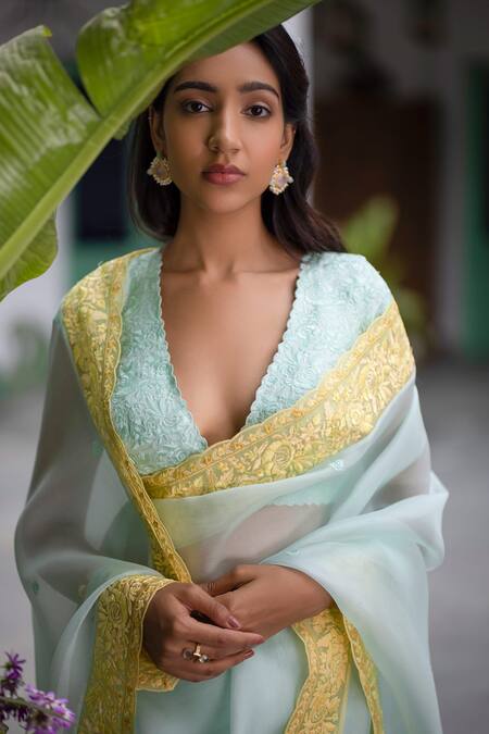 Chhaya Mehrotra Blue Saree Silk Organza Blouse Handwoven Chanderi V Neck With Online at Aza Fashions Chhaya Mehrotra_Blue Saree Silk Organza Blouse Handwoven Chanderi V Neck With _Online_at_Aza_Fashions