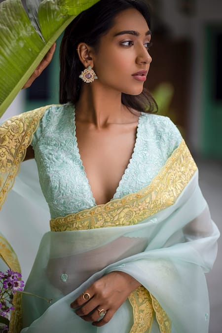 Shop Chhaya Mehrotra Blue Saree Silk Organza Blouse Handwoven Chanderi V Neck With Online at Aza Fashions Shop_Chhaya Mehrotra_Blue Saree Silk Organza Blouse Handwoven Chanderi V Neck With _Online_at_Aza_Fashions