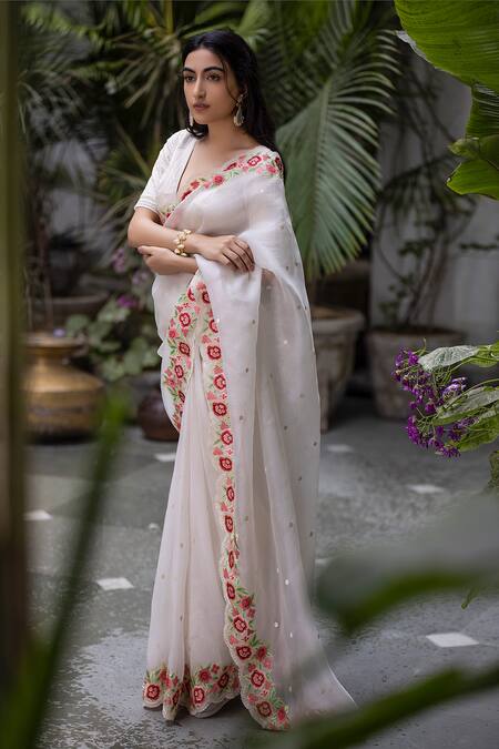 Chhaya Mehrotra White Saree Silk Organza Blouse Handwoven Chanderi V Neck With 