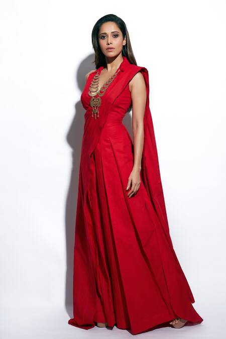 NIDHIKA SHEKHAR_Red Linen V Neck Draped Jumpsuit _Online_at_Aza_Fashions