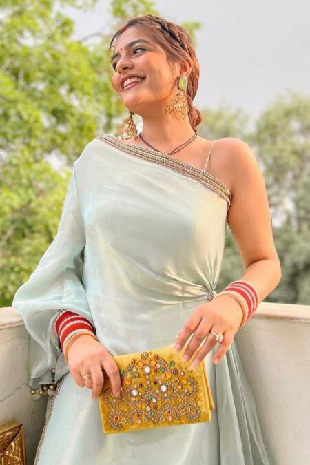 Ahi Clothing_Blue Tissue Silk Lining- Heavy Shantoon Thread, Moti, Kimono And Palazzo Set_Online_at_Aza_Fashions