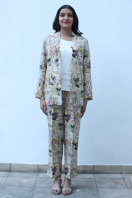 Linen Bloom_Multi Color Linen Leaf Print Blazer _Online_at_Aza_Fashions