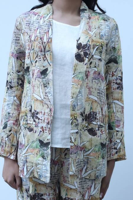 Shop_Linen Bloom_Multi Color Linen Leaf Print Blazer _Online_at_Aza_Fashions