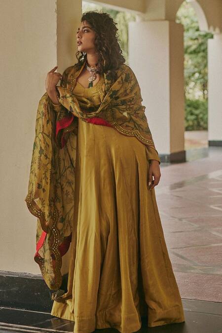 Shop_Archana Jaju_Yellow Organza , Pure Mirror, Kalamkari Anarkali With Dupatta_at_Aza_Fashions