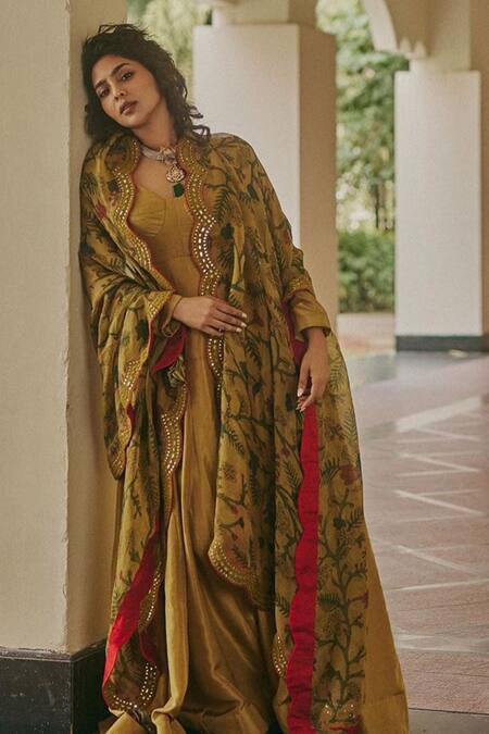 Buy_Archana Jaju_Yellow Organza , Pure Mirror, Kalamkari Anarkali With Dupatta