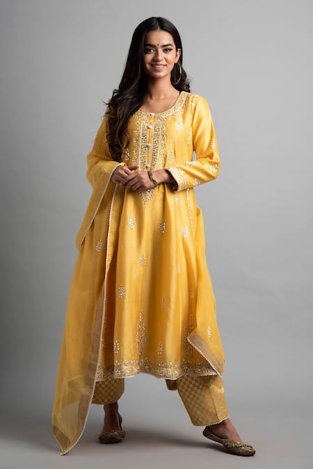 Heena Kochhar Yellow Chanderi Lucknowi Anarkali Set