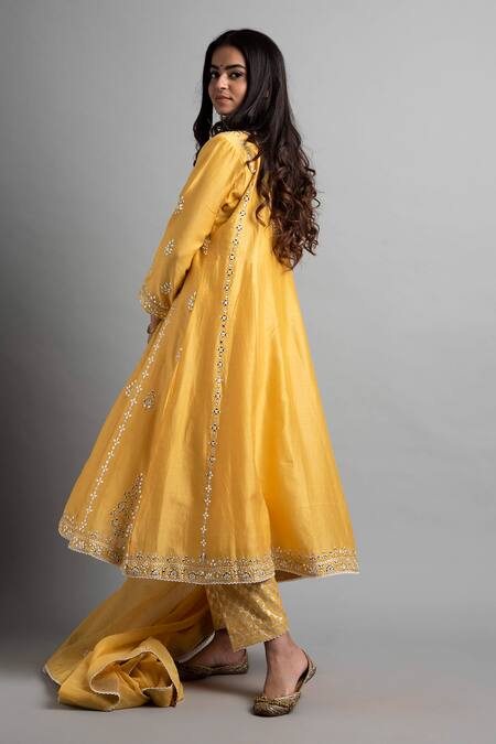 Shop_Heena Kochhar_Yellow Chanderi Lucknowi Anarkali Set_at_Aza_Fashions
