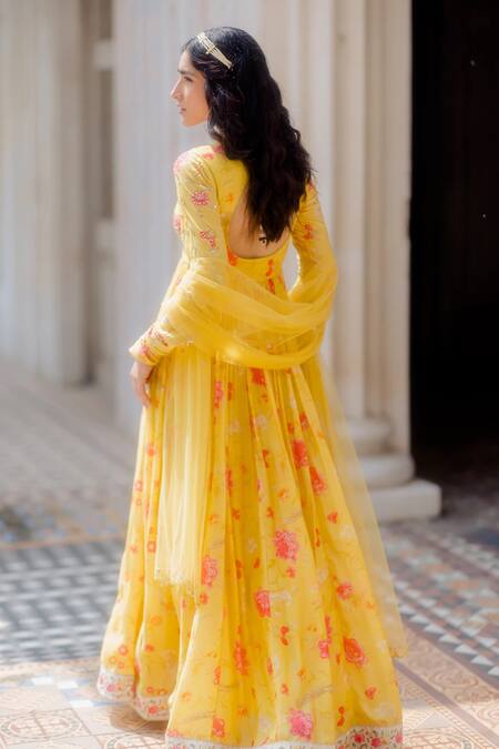 Shop Paulmi And Harsh Yellow Cotton Silk V Neck Floral Print Anarkali With Dupatta at Aza Fashions Shop_Paulmi And Harsh_Yellow Cotton Silk V Neck Floral Print Anarkali With Dupatta _at_Aza_Fashions