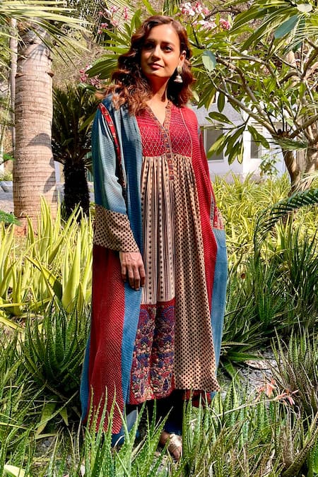 Sunira Designs Multi Color Silk Georgette Ajrakh Print Panelled Long Tunic