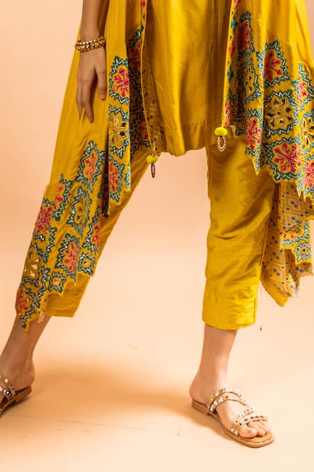 Buy Sunita Nagi Yellow Dupion Embroidered Leather And Applique Work Jacket Open Pant Set Online at Aza Fashions Buy_Sunita Nagi_Yellow Dupion Embroidered Leather And Applique Work Jacket Open Pant Set _Online_at_Aza_Fashions